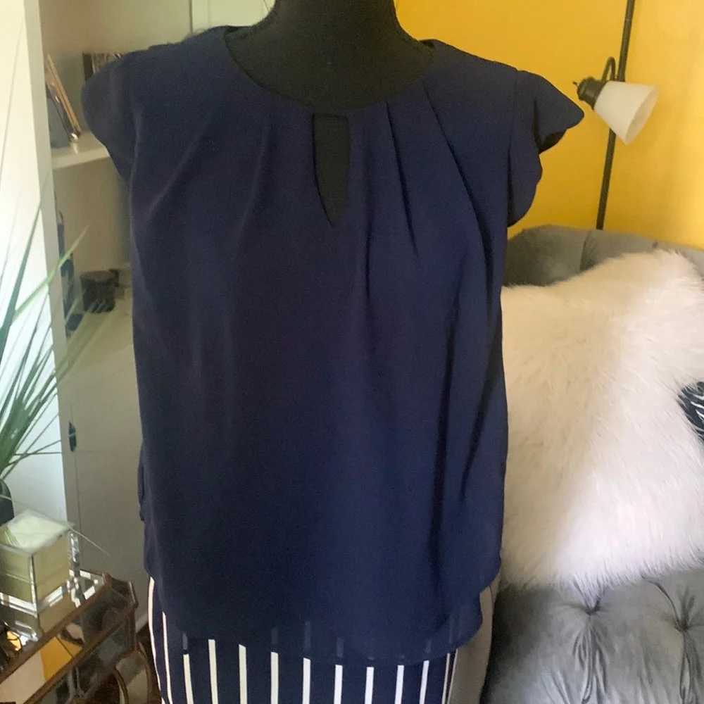 Navy blue cap sleeve blouse - Picture 1 of 7